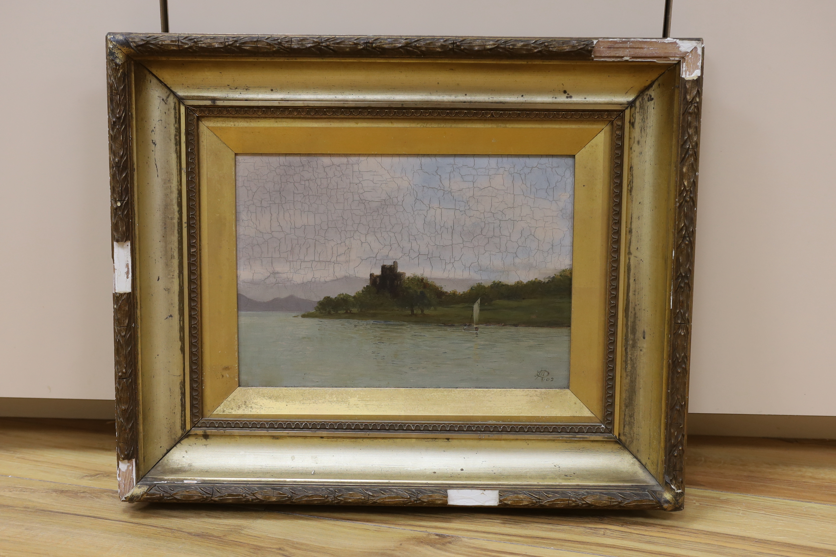 Edwardian School, oil on canvas, River scene with castle, monogram DM and dated 1902, 34 x 24cm